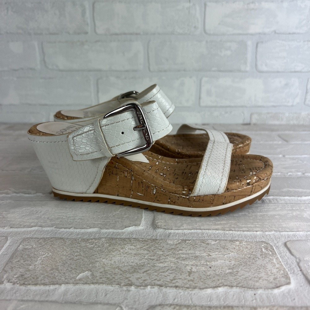 Donald Pliner Sandals Womens 7 White Cork Wedge Slides Snake Embossed Strappy‎